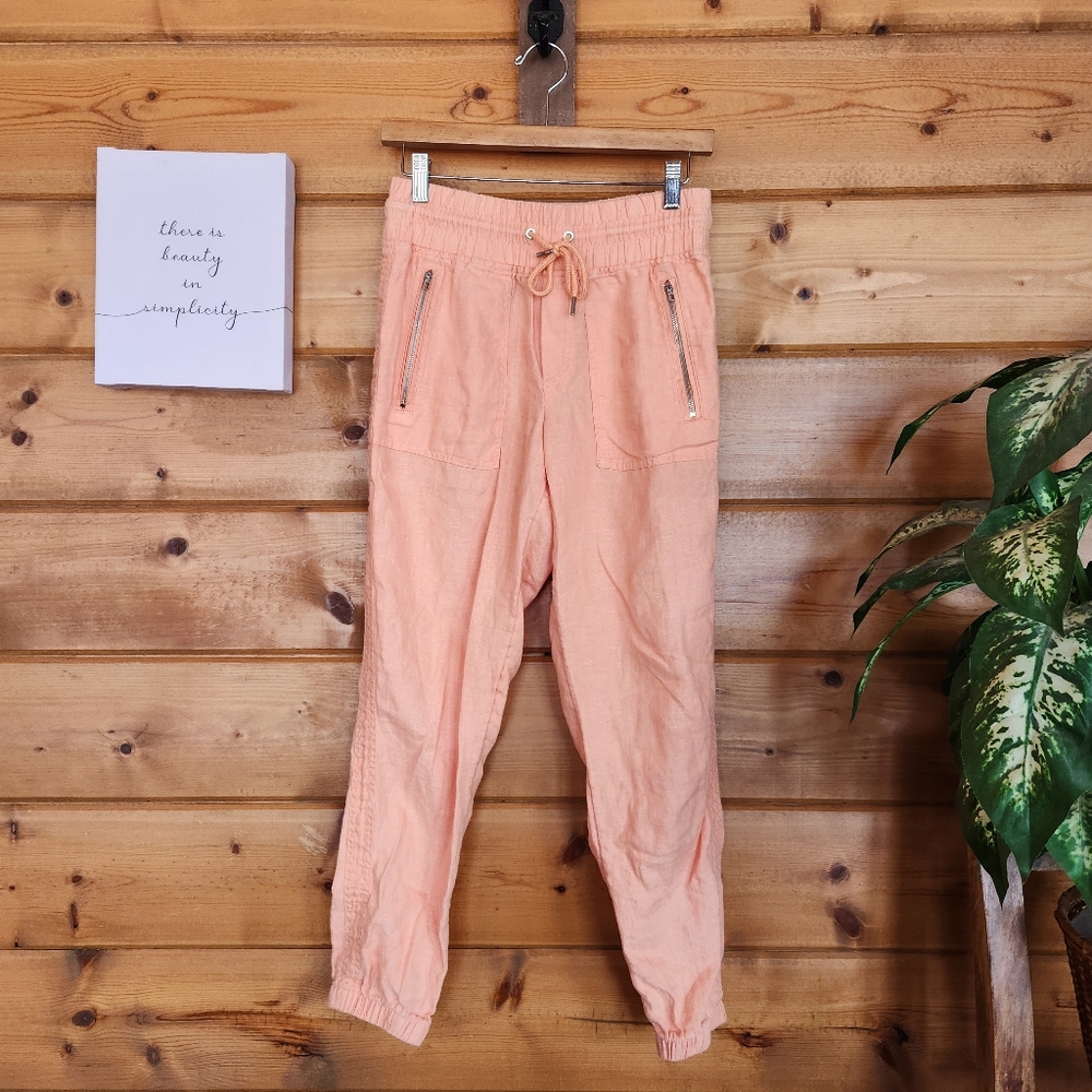 Athleta Cabo Jogger Pants 100% Linen Cactus Peach Stretch Moto Boho Size 2 X 28"